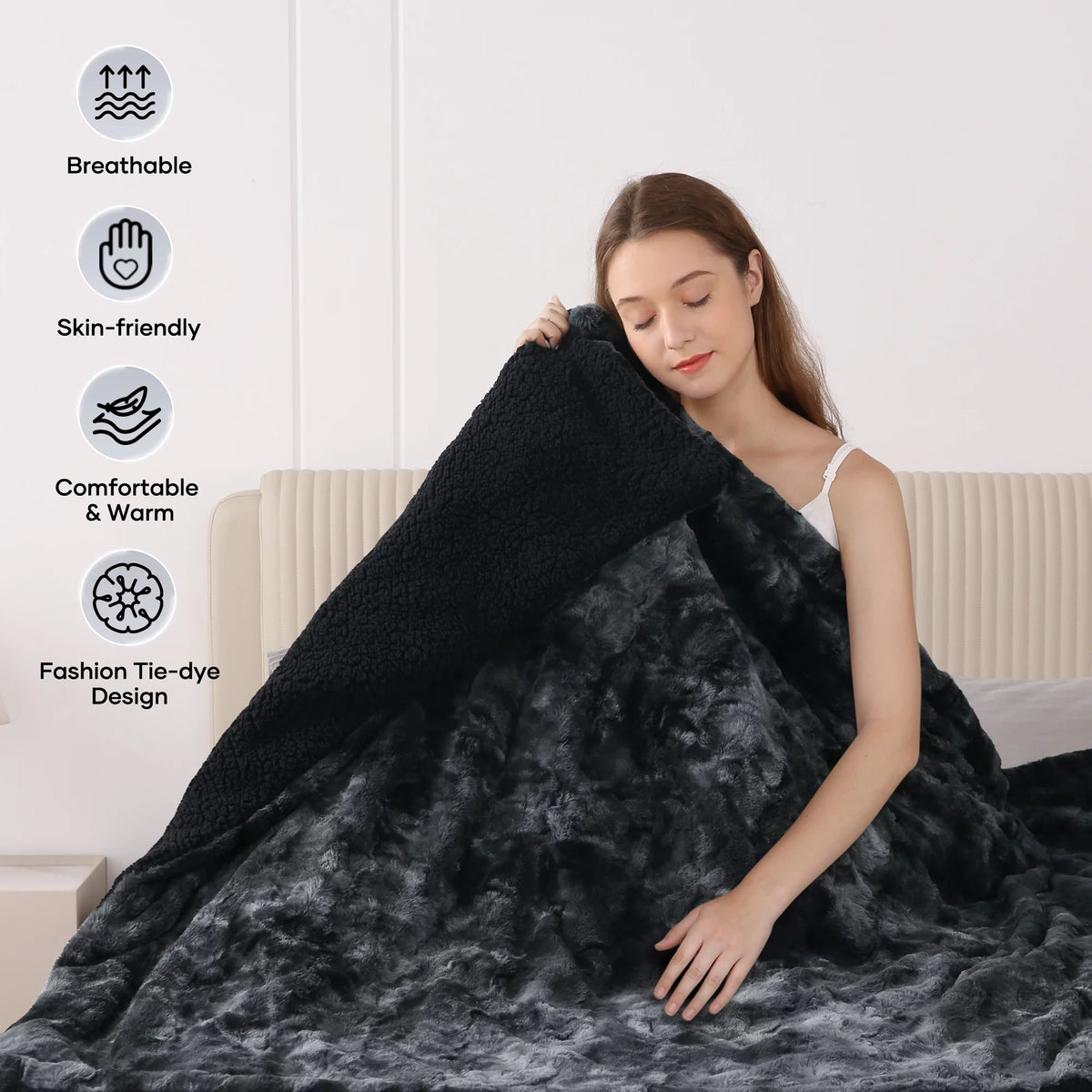 Heated Blanket Electric Throw 50" X 60", Soft Faux Fur & Shu Velvet Heated Throw Blanket, 6 Heating Levels, 4 Hours Timer, Tie-Dye off Black