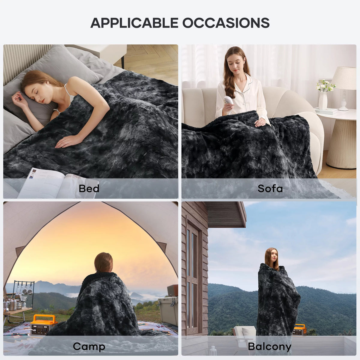 Heated Blanket Electric Throw 50" X 60", Soft Faux Fur & Shu Velvet Heated Throw Blanket, 6 Heating Levels, 4 Hours Timer, Tie-Dye off Black